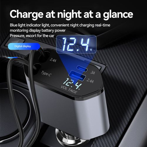 120W 4 in 1 Quick Adapter 2 Port Type C PD Car Charging Station Charger Fast USB C Retractable Car Charger LED Digital Display