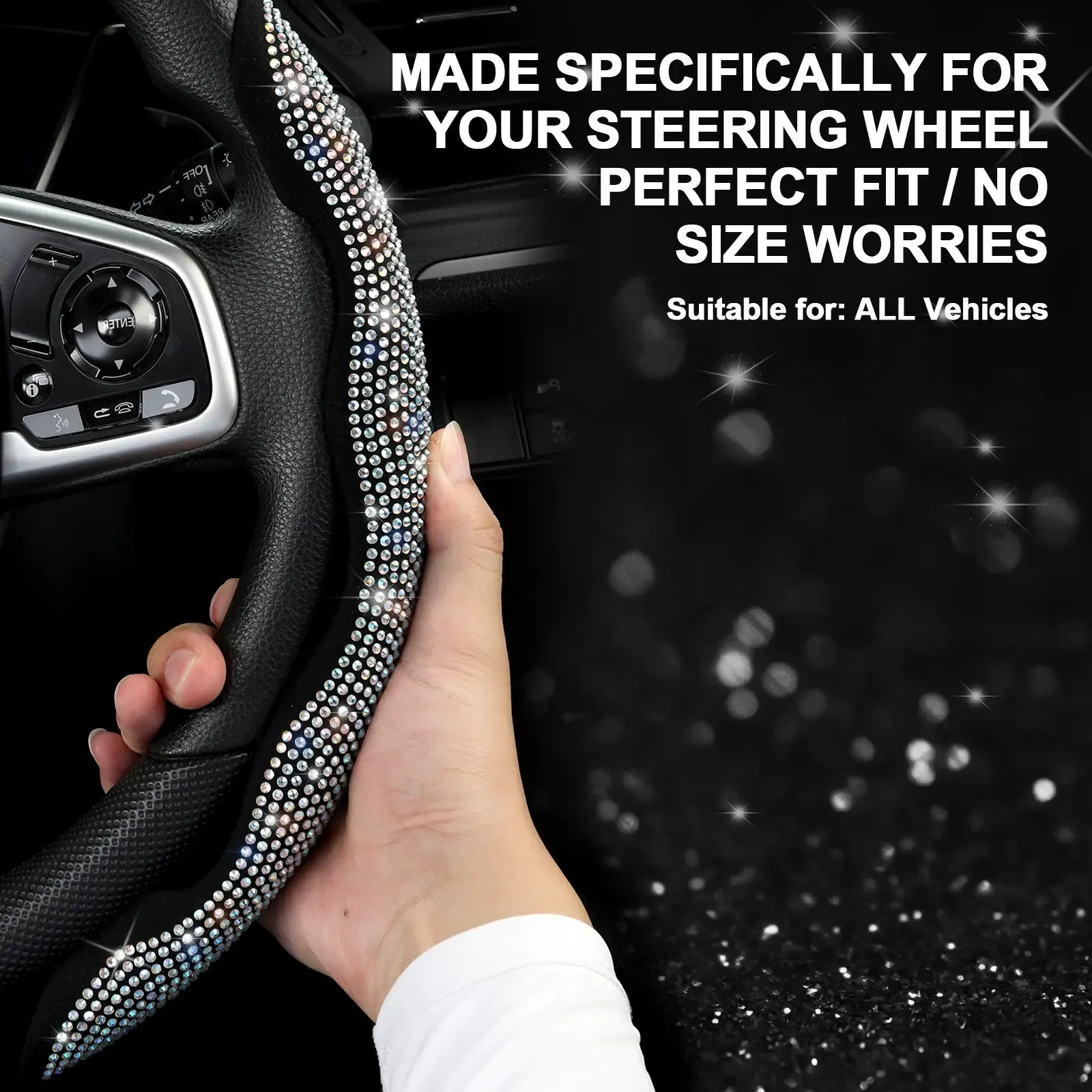 Sparkling Universal Steering Wheel Cover—a dazzling car accessory inlaid with crystal rhinestones, suitable for sedans, trucks, and SUVs.