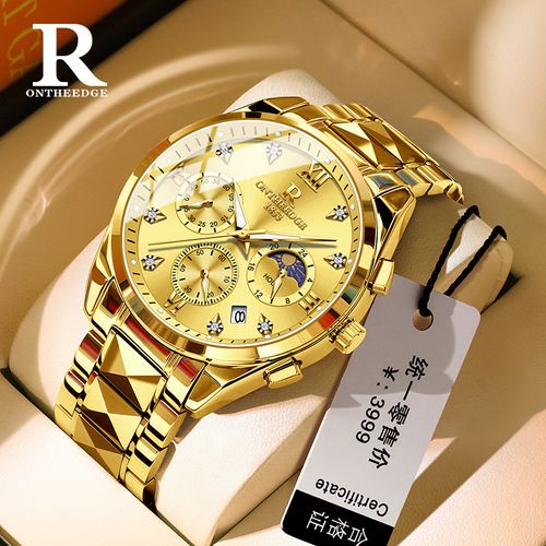 Waterproof gold quartz watch business large dial three-eye watch multi-function watch men's sports watch