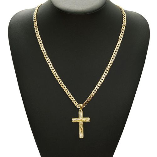 Diamond-studded large cross gold-plated full diamond Cuban chain necklace light luxury simple hip-hop fashion ornaments