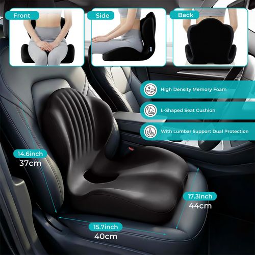 Memory Foam Seat Cushion and Lumbar Support Cushion Set for Drivers Ergonomic L.shaped car seat cushion designed to relieve tailbone pressure, non-slip design suitable for long-distance driving.black.