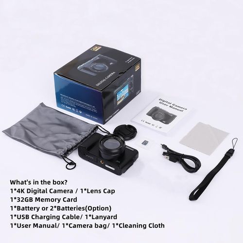 GLOBAL PICK 4K Digital Camera, 48MP Vlogging Photo Camera, Compact Electronics 16X Zoom Camera with Flip Screen, 32G SD Card, Portable Camera Single Battery, Black