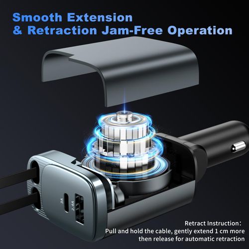 Retractable car charger, 2026 upgraded version 120W, long 4-in-1 retractable car charger, USB-C fast charging, compatible with iPhone 17, 16, 15, 14, 13, 12, 11X Pro Max Plus Mini, Samsung S26, multi-port car charger, retractable fast charging, compatible with iPad, Samsung and other devices, unisex car accessory.