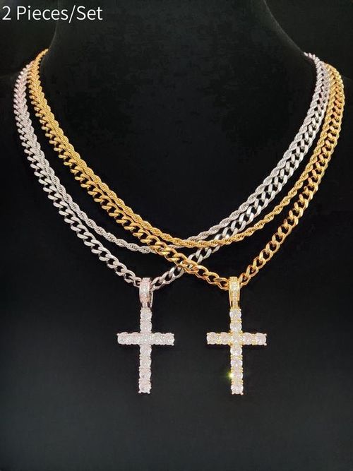2025 Hip Hop Twist Chain Necklace & Rhinestone Cross Pendant Necklace, Birthday Gift for Bestie, Matching Stainless Steel Necklaces, Back To School Accessories, Couples Gifts, Cuban Link Chain, Rhinestone Decorated Jewelry, Modern Fashion Accessories