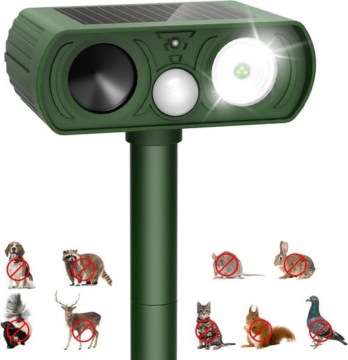 Solar Ultrasonic Animal Repeller , Motion Detection 2025 Upgraded Waterproof for Deer,Cats,Raccoons , Multi-Pest Flash Lights for Yard, Farm, Garden & Teacher Party