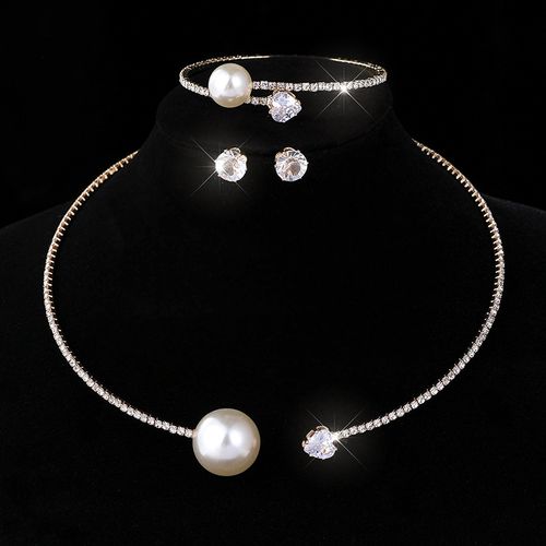 New Pearl Heart Full Diamond Necklace Beauty Rhinestone Bracelet Earrings Necklace Three-piece Set