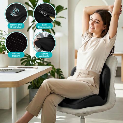 Memory Foam Seat Cushion and Lumbar Support Cushion Set for Drivers Ergonomic L.shaped car seat cushion designed to relieve tailbone pressure, non-slip design suitable for long-distance driving.black.