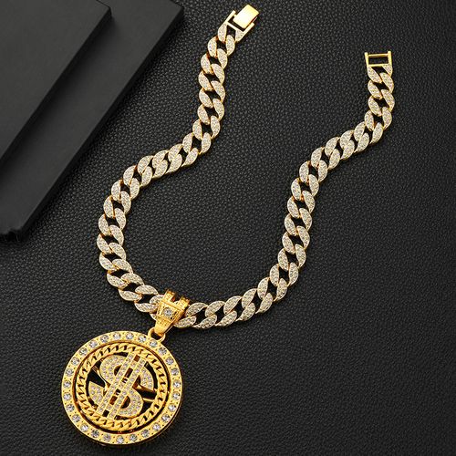 European and American hip-hop men's trendy brand rotatable US dollar coin pattern zinc alloy necklace personalized US dollar style pendant