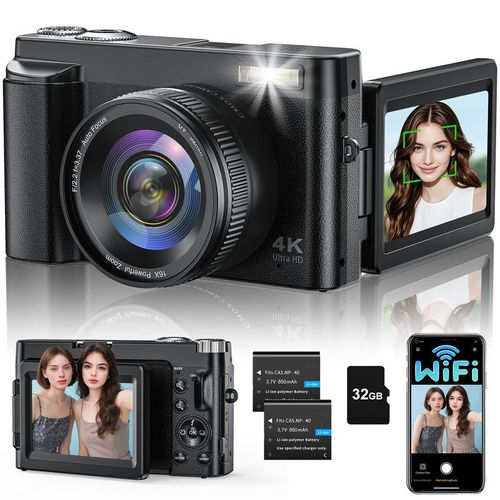 GLOBAL PICK 4K Digital Camera, 48MP Vlogging Photo Camera, Compact Electronics 16X Zoom Camera with Flip Screen, 32G SD Card, Portable Camera Single Battery, Black