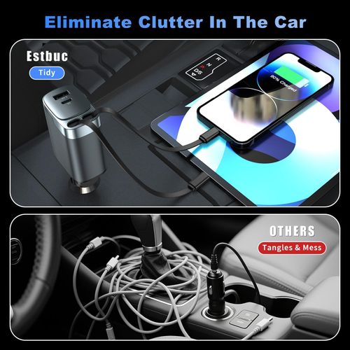 Retractable car charger, 2026 upgraded version 120W, long 4-in-1 retractable car charger, USB-C fast charging, compatible with iPhone 17, 16, 15, 14, 13, 12, 11X Pro Max Plus Mini, Samsung S26, multi-port car charger, retractable fast charging, compatible with iPad, Samsung and other devices, unisex car accessory.