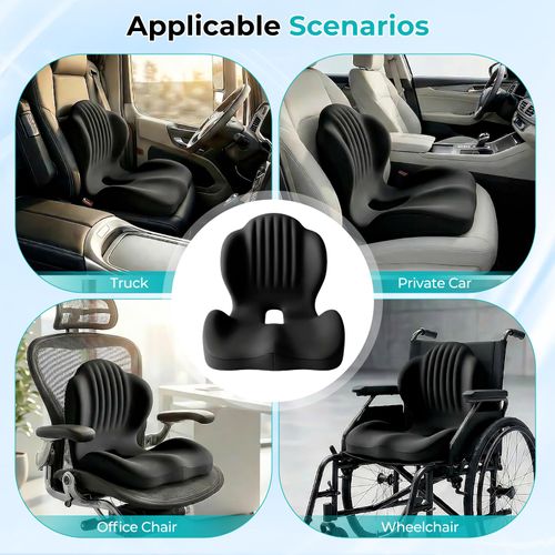 Memory Foam Seat Cushion and Lumbar Support Cushion Set for Drivers Ergonomic L.shaped car seat cushion designed to relieve tailbone pressure, non-slip design suitable for long-distance driving.black.