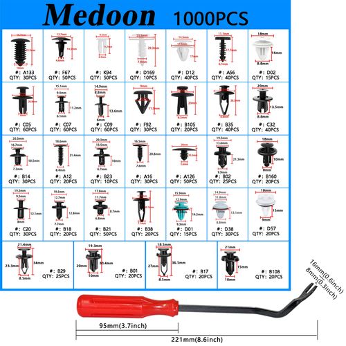 975Pcs Car Push Retainer Clips,Auto Fasteners Assortment 33 Most Popular Sizes Bumper Fender Rivets with Cable Ties Remover for Ford GM Toyota Honda Chrysler BMW Benz Audi Nissan Mazda Subaru
