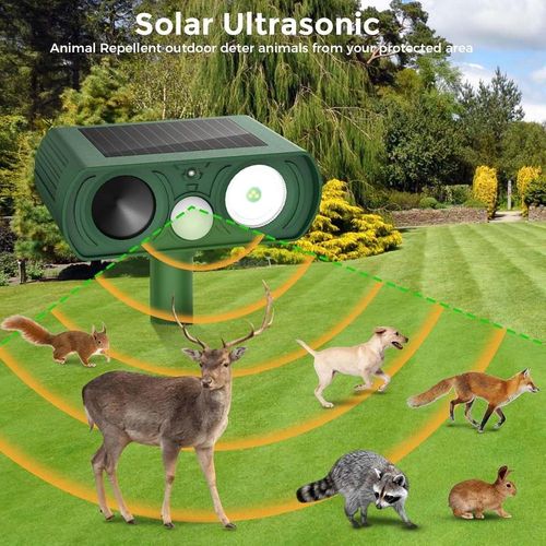Solar Ultrasonic Animal Repeller , Motion Detection 2025 Upgraded Waterproof for Deer,Cats,Raccoons , Multi-Pest Flash Lights for Yard, Farm, Garden & Teacher Party