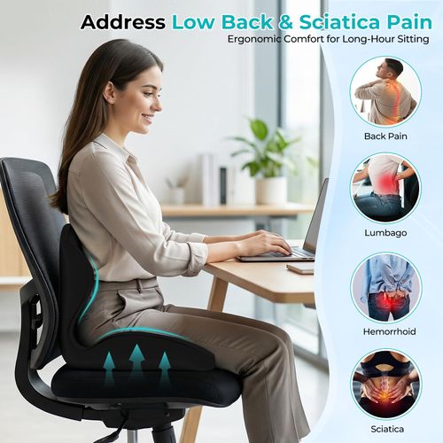 Memory Foam Seat Cushion and Lumbar Support Cushion Set for Drivers Ergonomic L.shaped car seat cushion designed to relieve tailbone pressure, non-slip design suitable for long-distance driving.black.