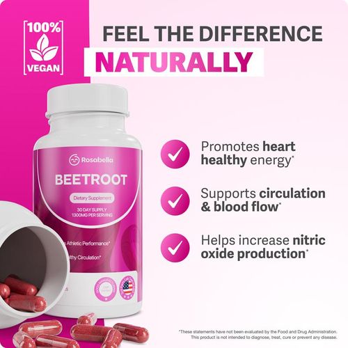 Rosabella Organic Beetroot Capsules (1300mg) for Blood Flow & Heart Health