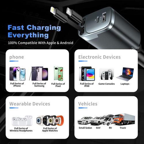 Retractable car charger, 2026 upgraded version 120W, long 4-in-1 retractable car charger, USB-C fast charging, compatible with iPhone 17, 16, 15, 14, 13, 12, 11X Pro Max Plus Mini, Samsung S26, multi-port car charger, retractable fast charging, compatible with iPad, Samsung and other devices, unisex car accessory.