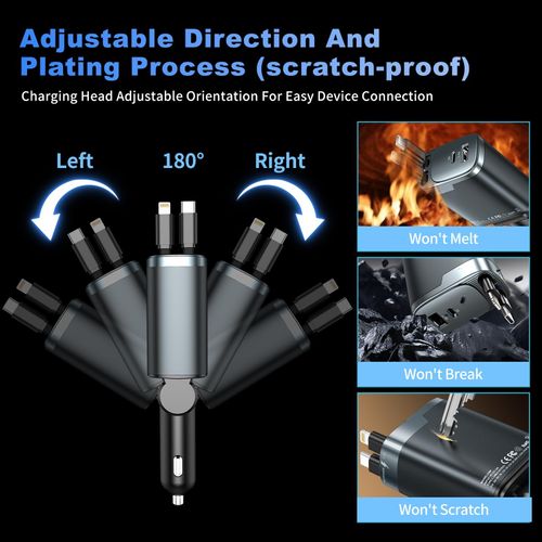 Retractable car charger, 2026 upgraded version 120W, long 4-in-1 retractable car charger, USB-C fast charging, compatible with iPhone 17, 16, 15, 14, 13, 12, 11X Pro Max Plus Mini, Samsung S26, multi-port car charger, retractable fast charging, compatible with iPad, Samsung and other devices, unisex car accessory.