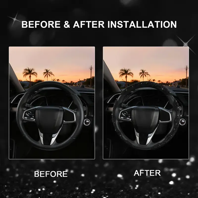Sparkling Universal Steering Wheel Cover—a dazzling car accessory inlaid with crystal rhinestones, suitable for sedans, trucks, and SUVs.