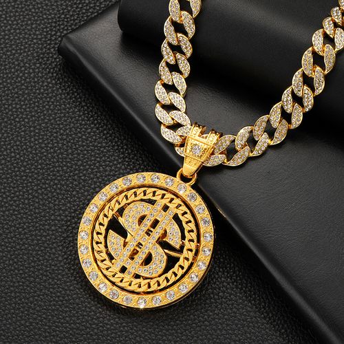 European and American hip-hop men's trendy brand rotatable US dollar coin pattern zinc alloy necklace personalized US dollar style pendant