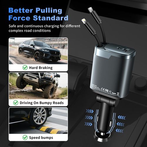 Retractable car charger, 2026 upgraded version 120W, long 4-in-1 retractable car charger, USB-C fast charging, compatible with iPhone 17, 16, 15, 14, 13, 12, 11X Pro Max Plus Mini, Samsung S26, multi-port car charger, retractable fast charging, compatible with iPad, Samsung and other devices, unisex car accessory.
