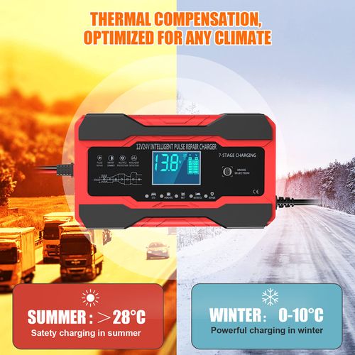 10-Amp 12V and 24V Fully Automatic Smart Car Battery Charger, Battery Maintainer, Trickle Charger, and Battery Desulfurizer with Temperature Compensation