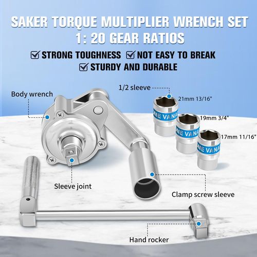 Heavy-duty, labor-saving torque multiplier wrench set—an ideal tool for removing automotive wheel nuts.