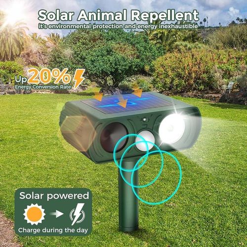 Solar Ultrasonic Animal Repeller , Motion Detection 2025 Upgraded Waterproof for Deer,Cats,Raccoons , Multi-Pest Flash Lights for Yard, Farm, Garden & Teacher Party