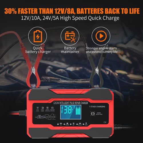 10-Amp 12V and 24V Fully Automatic Smart Car Battery Charger, Battery Maintainer, Trickle Charger, and Battery Desulfurizer with Temperature Compensation