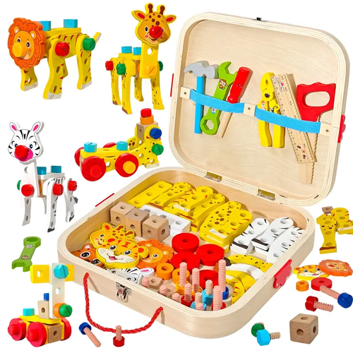 EDUTREE Wooden Animal Assembly Toolbox - Colorful Puzzle Toy for Youngsters, Enhances Creativity & Motor Skills, Ideal Birthday or Holiday Gift for Boys and Girls, Educational Playset|Playful Design|Durable Construction, Youngsters' Toy Box