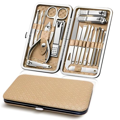 New 19 in 1 manicure set, eyebrow trimming face trimming pedicure kit, nail clippers and beauty tool portable set, rose gold leather bag