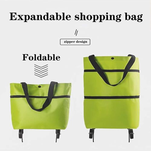 2 in 1 Foldable Shopping Cart, 2023 New Foldable Shopping Bag Carts with Wheels, Portable Rolling Tote Shopping Bag with Wheels, Waterproof Trolley Collapsible Grocery Shopping Tote Bag Cart (A GREEN)
