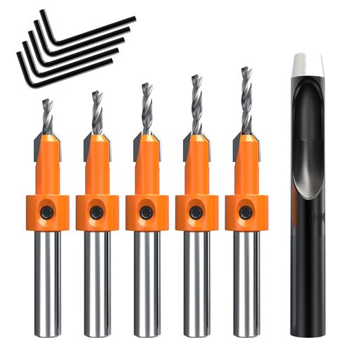 8mm shank countersunk drill bit set 2.8-4mm tapered drill bit woodworking woodworking reamer with pilot screw hole 5 size drill bit set with wood punch (5 free Allen wrenches)