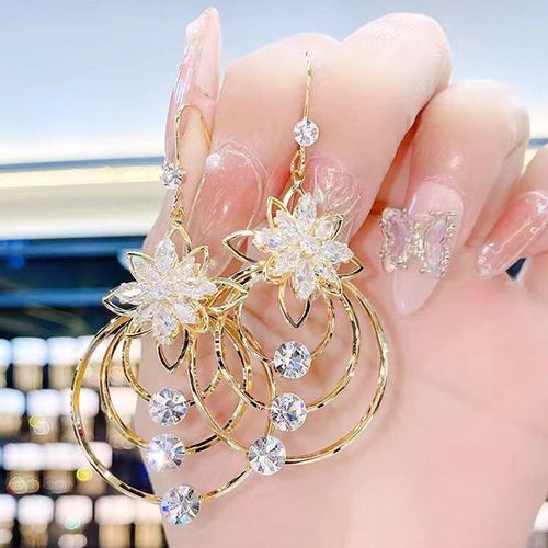 2025 Trendy Five-Petal Flower Tassel Earrings | Zircon Accent Statement Earrings