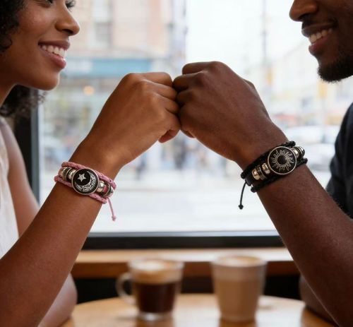 His & Hers Sun-Moon Bracelet Set | Black Pink Time Stone Jewelry