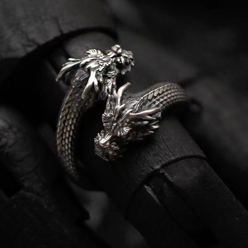 Vintage Distressed Silver Double Dragon Ring for Men – Timeless Edge for Bold Style