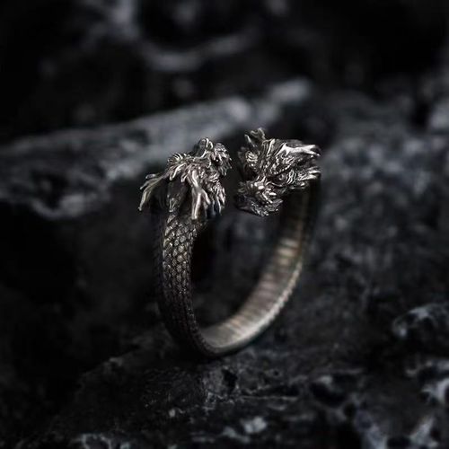 Vintage Distressed Silver Double Dragon Ring for Men – Timeless Edge for Bold Style