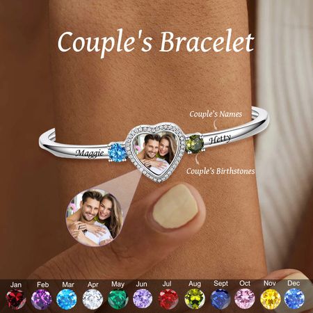 Together Forever - Customized Couple Heart Shaped Photo Birthstone Bracelet