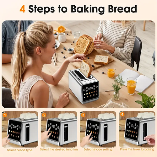Touchscreen toaster, 5 bread types and 6 browning levels, 1.5-inch wide slots, 900 watts
