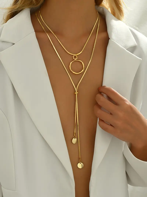 1pc Elegant Vintage Style Y-Shape Double Layered Circle Tassel Necklace, Adjustable 18K Golden Plated Stainless Steel Pendant for Women, Ideal for Daily Wear and Parties, Perfect for Valentine'S Day Gift 3.6K+ sold