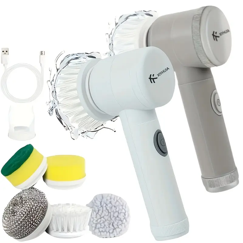 Electric Rotary Scrubber, Rechargeable Multi-Purpose Brush with 5 Replaceable Brush Heads for Tiles, Car, Glass, ABS Plastic Handle, Portable USB Rechargeable 500mAh Lithium Battery-Kitchen Cleaning Tools|Bathroom Cleaning Supplies