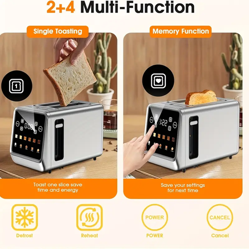 Touchscreen toaster, 5 bread types and 6 browning levels, 1.5-inch wide slots, 900 watts