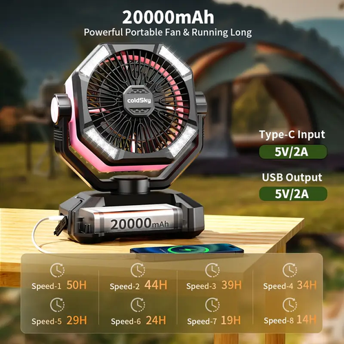 20000mAh Battery Powered Camping Fan - Dual Motor, 8-Speed With Remote Control & 4 LED Lanterns, Portable Outdoor Fan With Hook For Tent, Power Outage, Construction Site