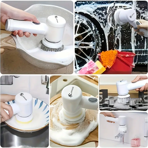 Electric Rotary Scrubber, Rechargeable Multi-Purpose Brush with 5 Replaceable Brush Heads for Tiles, Car, Glass, ABS Plastic Handle, Portable USB Rechargeable 500mAh Lithium Battery-Kitchen Cleaning Tools|Bathroom Cleaning Supplies