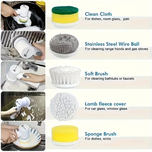 Electric Rotary Scrubber, Rechargeable Multi-Purpose Brush with 5 Replaceable Brush Heads for Tiles, Car, Glass, ABS Plastic Handle, Portable USB Rechargeable 500mAh Lithium Battery-Kitchen Cleaning Tools|Bathroom Cleaning Supplies
