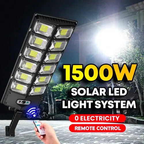 ⏰1500W Solar Street Lights, Solar Flood Lights Outdoor Dusk to Dawn 6500k LED Solar Pole Light with Remote Control IP67 Waterproof for Parking Lot, Yard, Garage and Garden