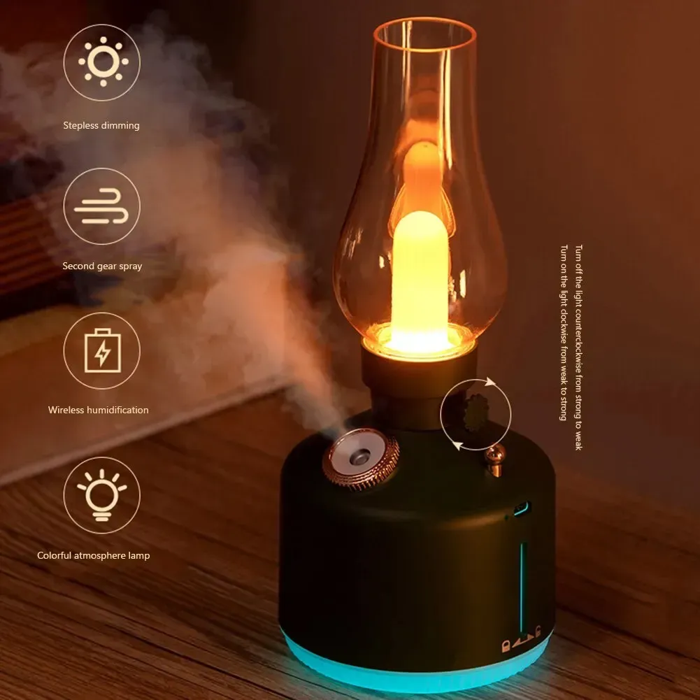 Humidifiers Retro Lamp Air Humidifier 1200mAh Rechargeable Wireless Aroma Diffuser Essential Oil 7Color Lights Cool Mist for Home Car Quiet Humidifier