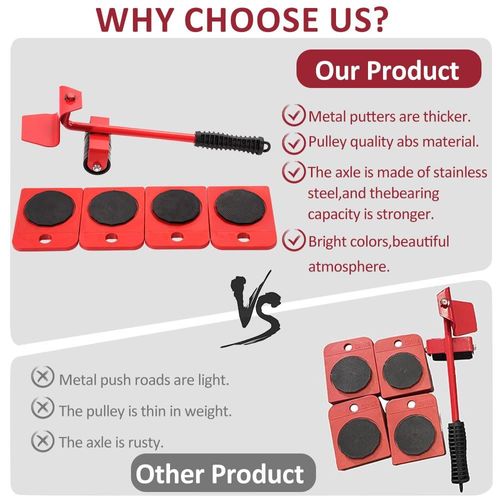 Red Heavy Duty Furniture Lifter and Mover Tool Set with Wheels, Convenient Slider Dolly Rollers for Easy Moving Sofa Bed Cabinet Washing Machine and Large Household Appliances
