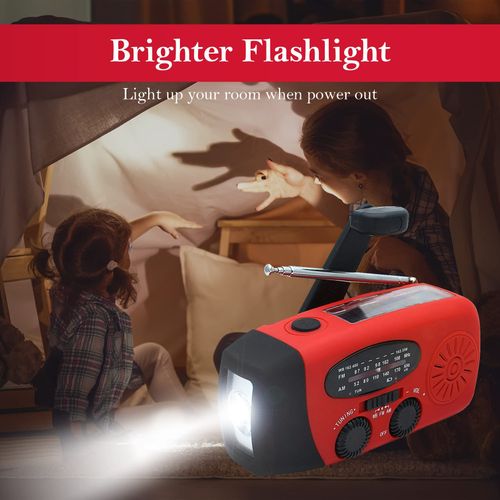Multifunctional Emergency Hand Crank Weather Radio, Portable AM FM NOAA Radio with LED Flashlight 2000mAh Power Bank for Phone Charging, Solar and USB Dual Charging Design for Camping Emergency Preparedness