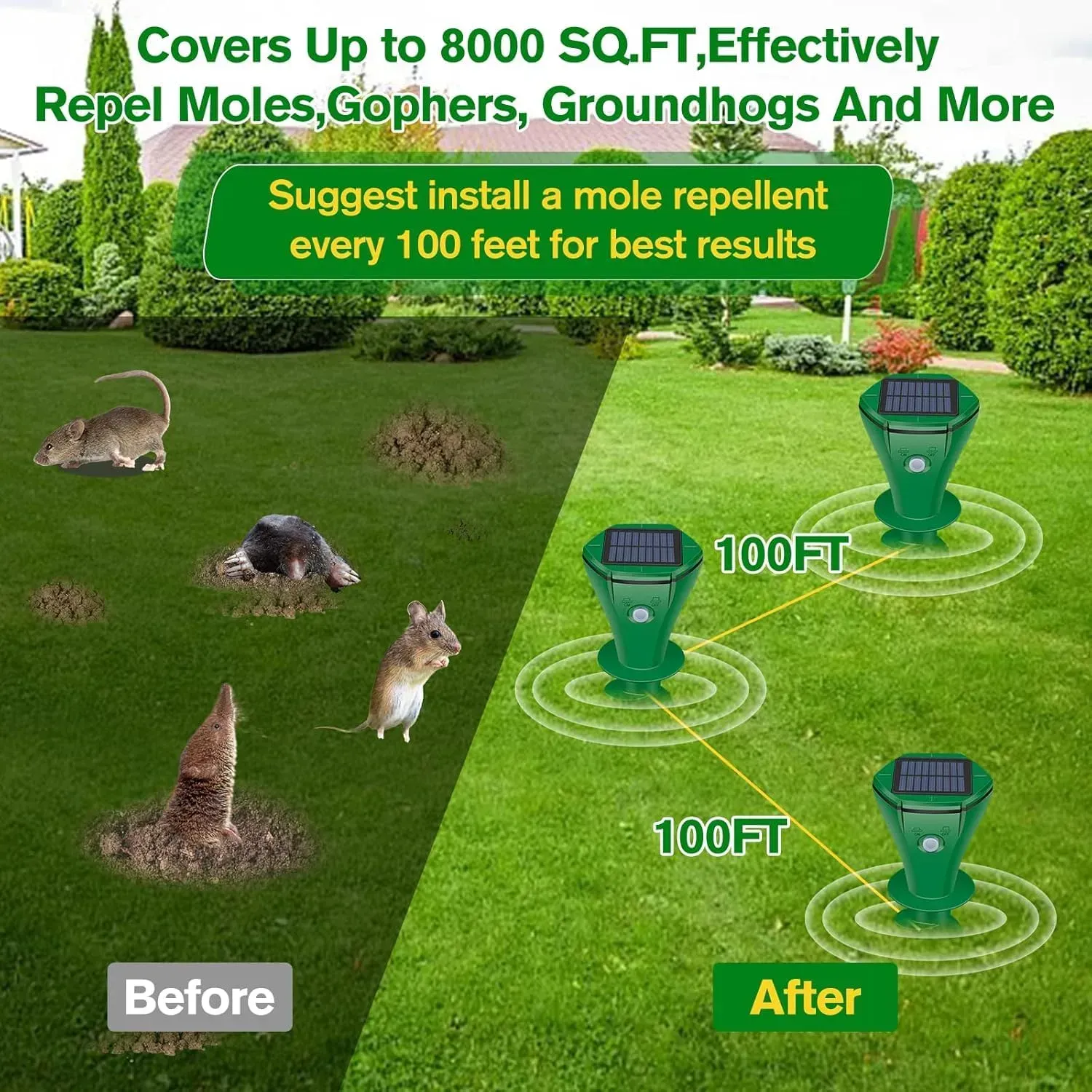 2 Pack Green Solar Powered Ultrasonic Mole Repeller, Waterproof Outdoor Pest Repellent to Repel Moles, Gophers, Snakes, Chipmunks and Groundhogs for Lawn Garden Yard