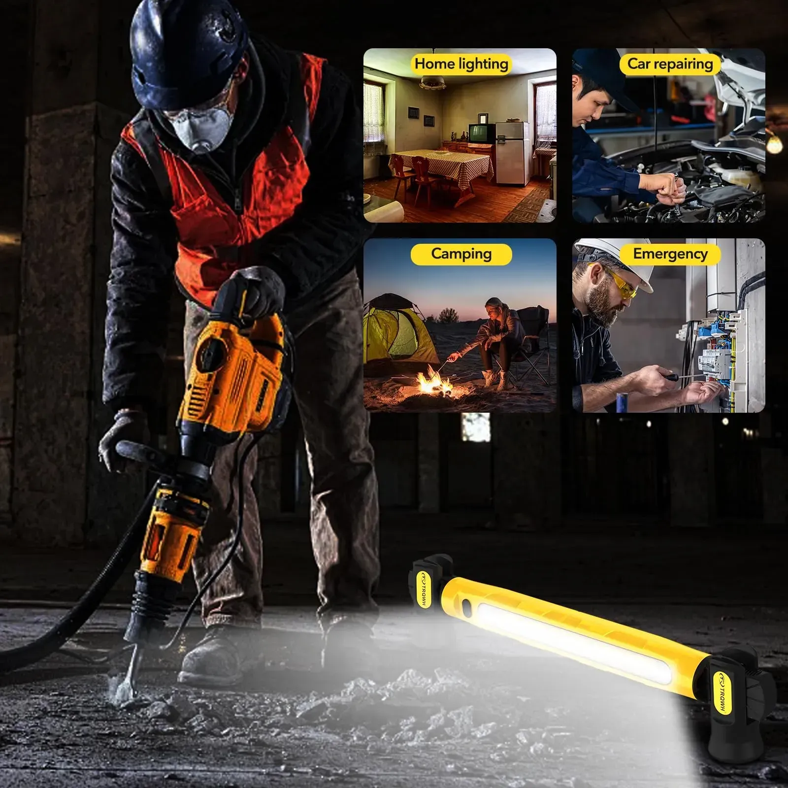 Yellow rechargeable LED work light bar built with strong magnet and hanging hooks, specially designed as under-hood lighting for auto repair, also applicable for garage maintenance and outdoor camping use, free shipping and cash on delivery.